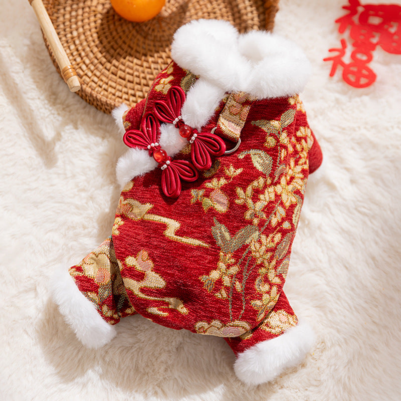 Lunar New Year Brocade Pet Jumpsuit with Faux Fur Trim