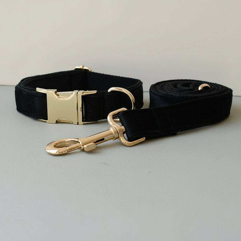 Velvet Dog Collar & Leash Set — Rose Gold Hardware