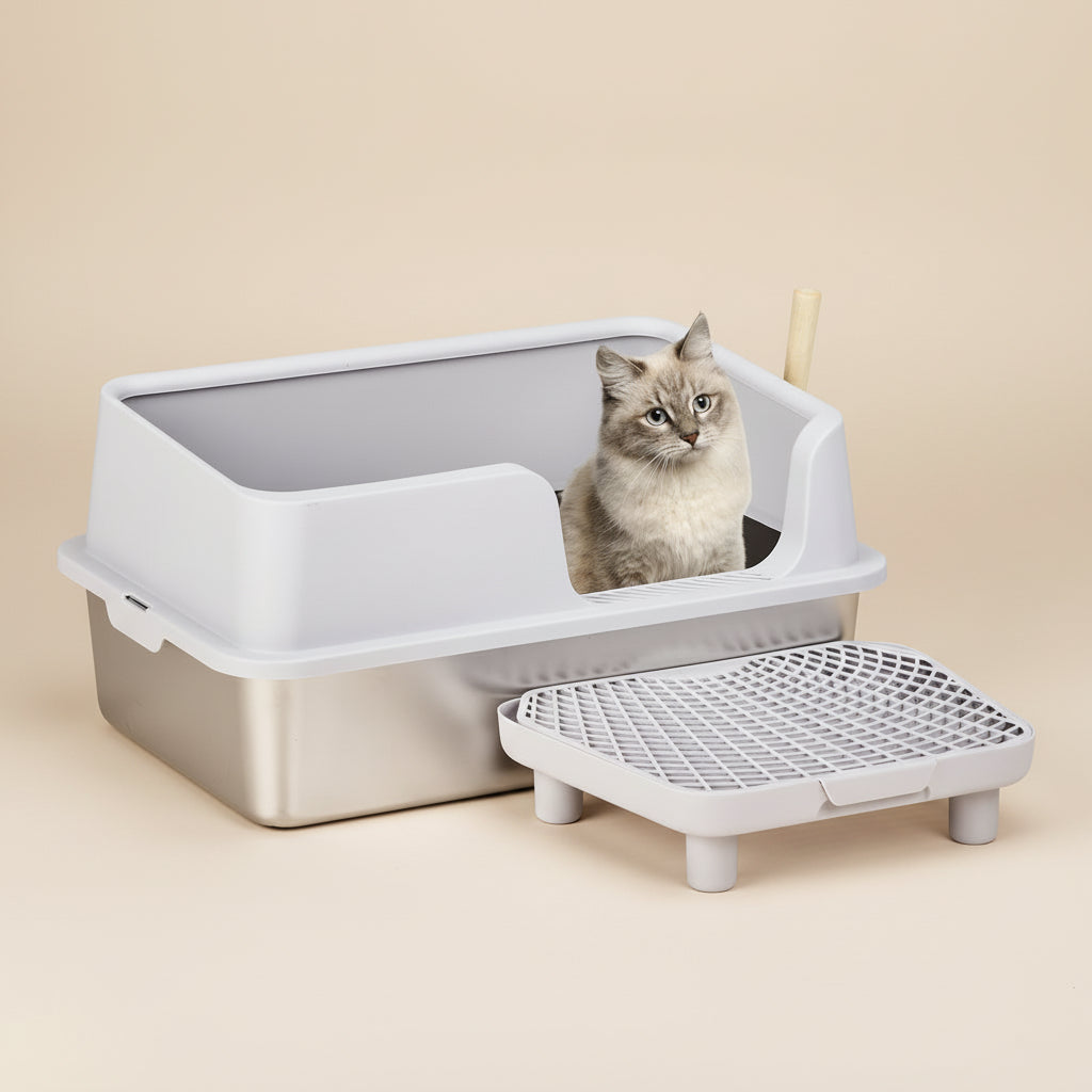 Stainless Steel Cat Litter Box with Lid & High Sides