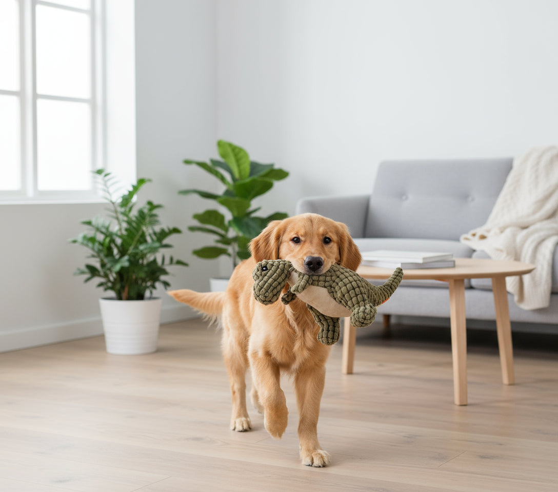 Corduroy Dinosaur Plush Toy — Durable Squeaky Playmate for Dogs