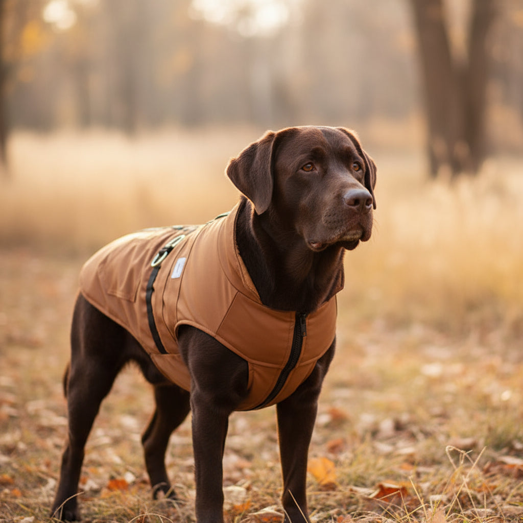 Brown dog coat with a black zipper on a white background