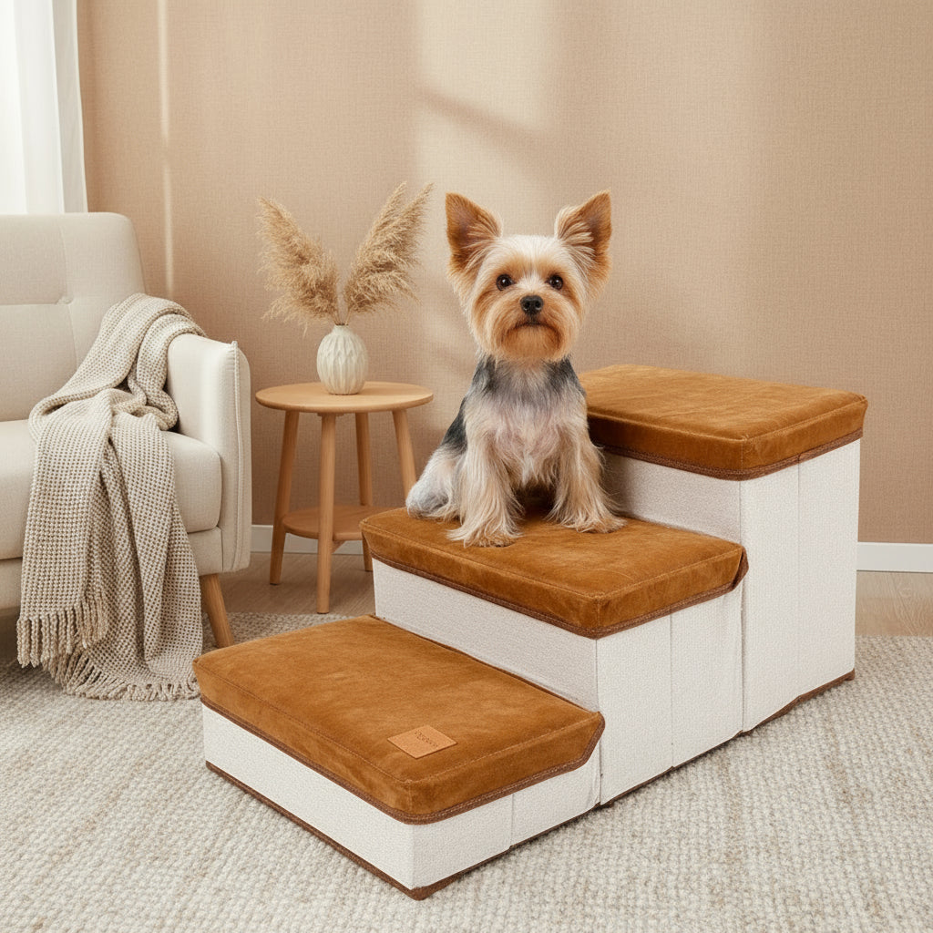 Foldable Pet Stairs with Hidden Storage — Soft & Supportive Design