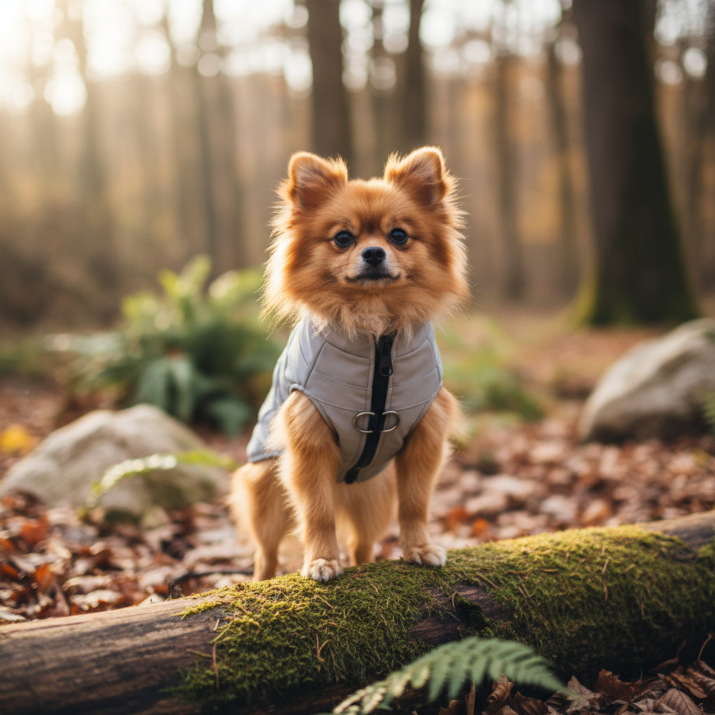 Light gray dog vest with black zipper on a white background