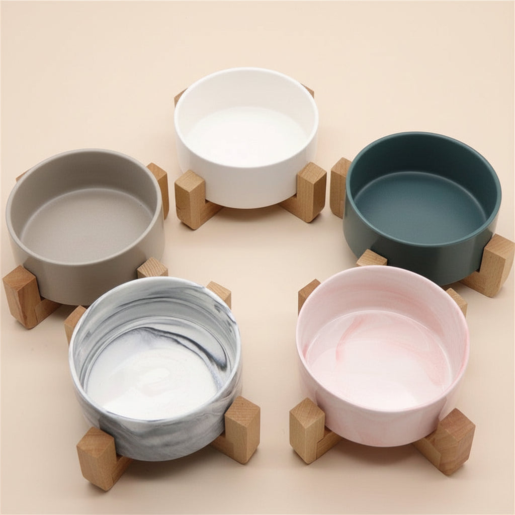 Marbled Ceramic Pet Bowl with Wooden Stand