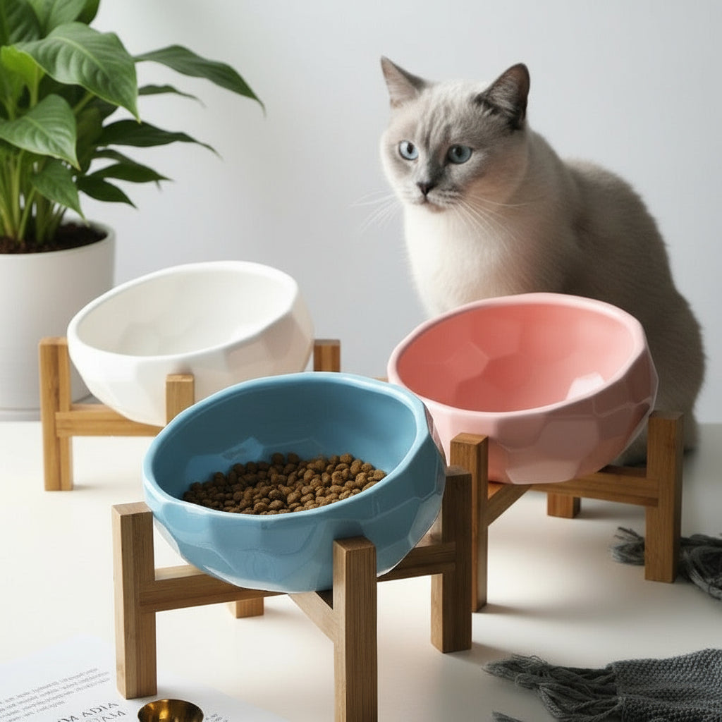 Cat sitting next to three elevated ceramic bowls on a wooden stand.