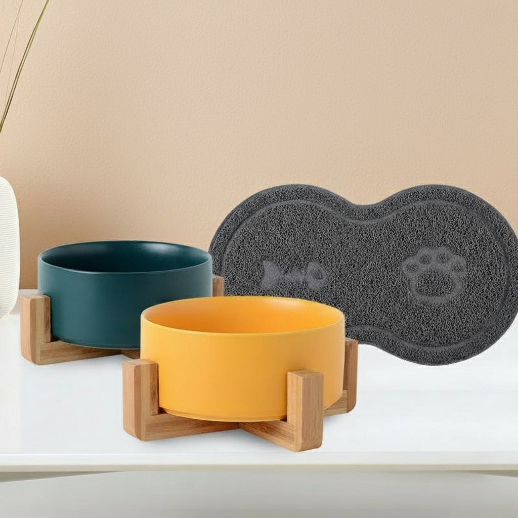 Double Ceramic Pet Bowl with Bamboo Stand & Non-Slip Mat – For Cats & Small Dogs