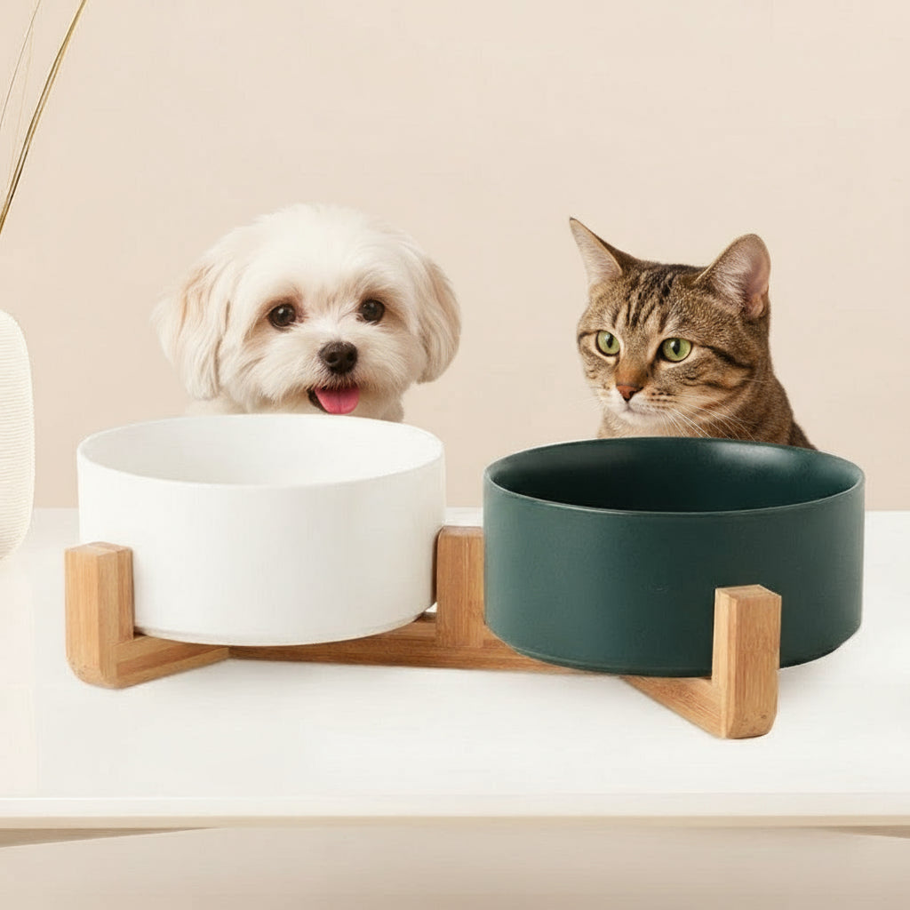 Two ceramic bowls, one white and one dark blue, on a wooden stand against a light background.