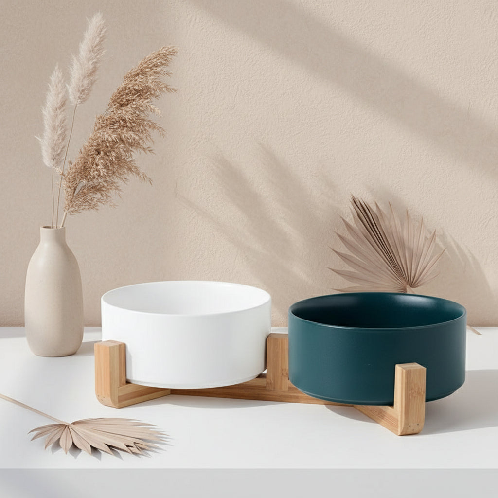 Double Ceramic Pet Bowl with Bamboo Stand & Non-Slip Mat – For Cats & Small Dogs