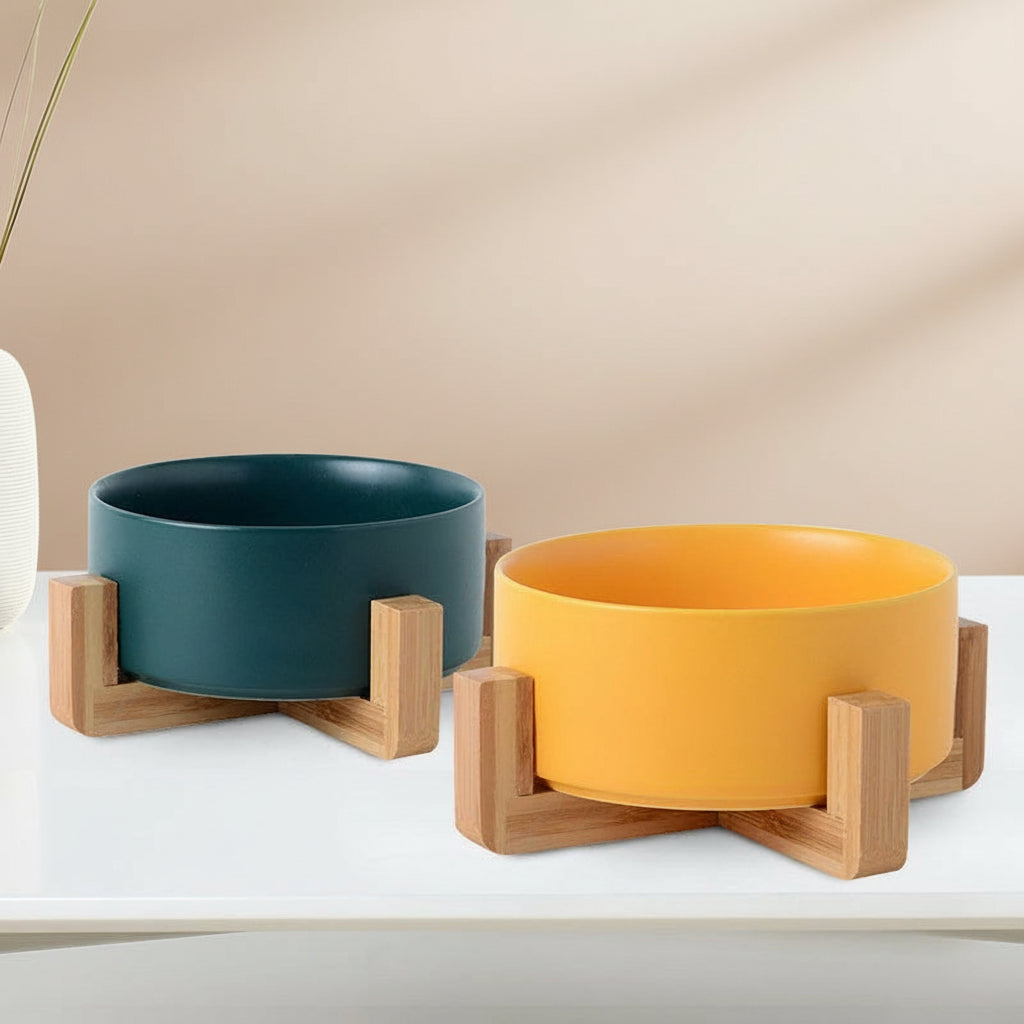 Double Ceramic Pet Bowl with Bamboo Stand & Non-Slip Mat – For Cats & Small Dogs