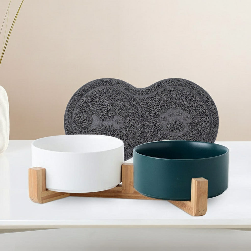 Double Ceramic Pet Bowl with Bamboo Stand & Non-Slip Mat – For Cats & Small Dogs