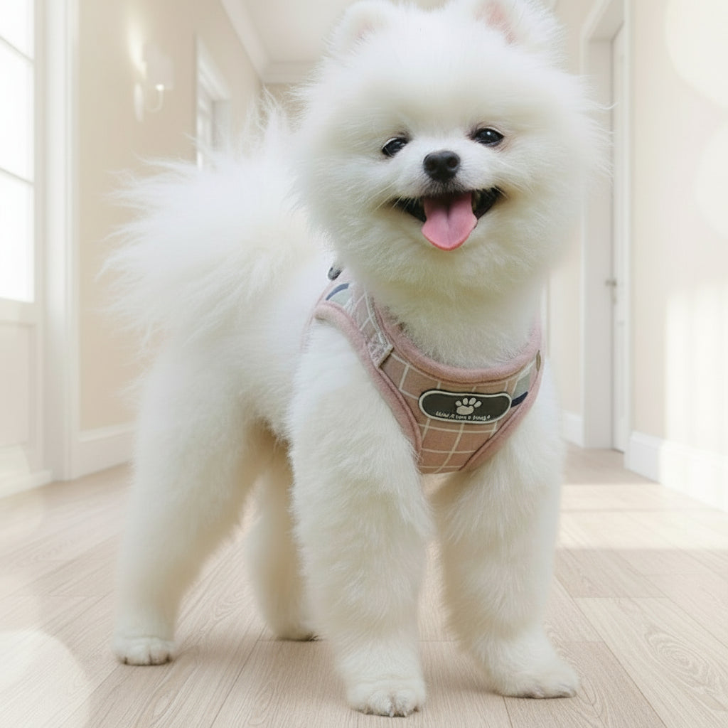 White dog with a pink harness standing on grass