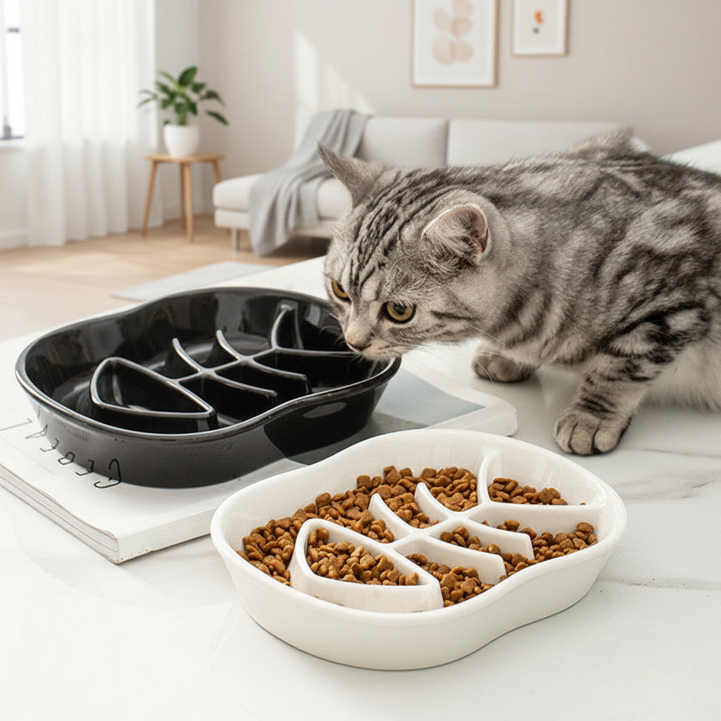 Ceramic Slow Feed Bowl for Cats & Small Dogs