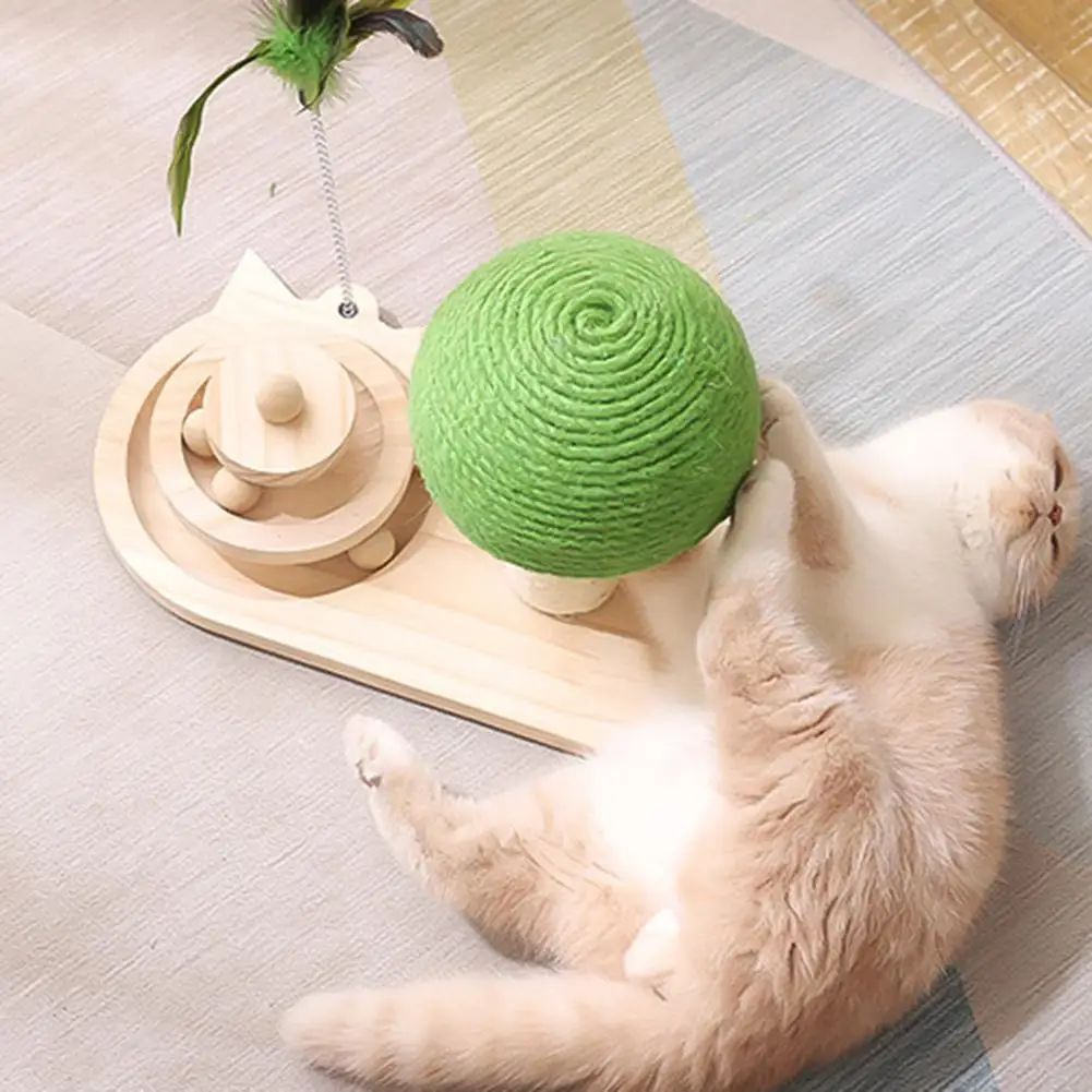 Mushroom Cat Scratching Tower — Natural Wood Play Station with Turntable Balls