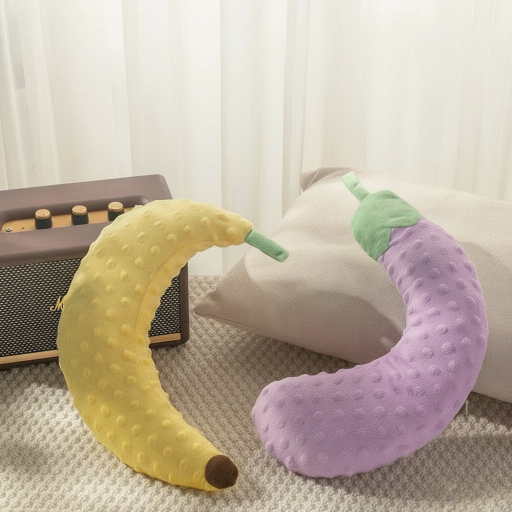 Mini Plush Pet Pillow — Banana, Moon & Eggplant Design