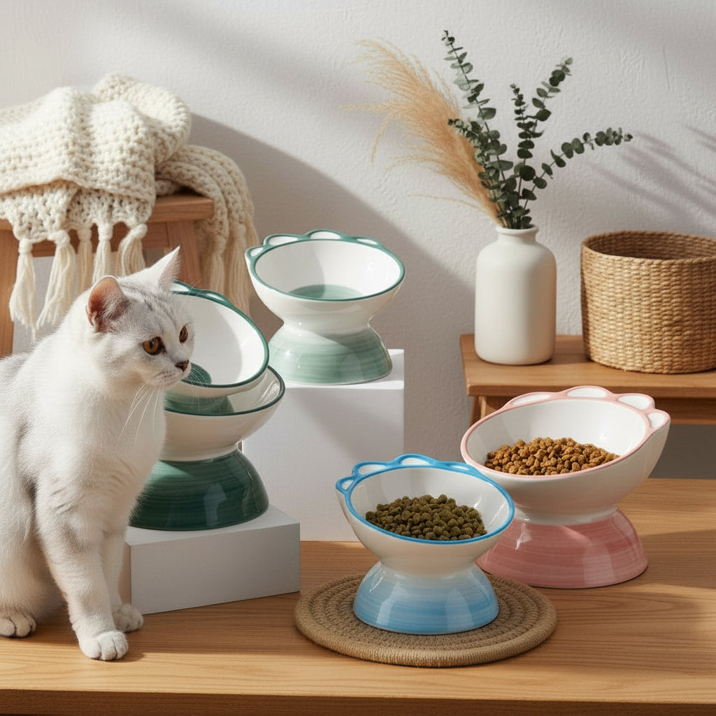 Ceramic Paw Tilted Pet Bowl