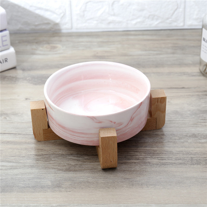 Marbled Ceramic Pet Bowl with Wooden Stand
