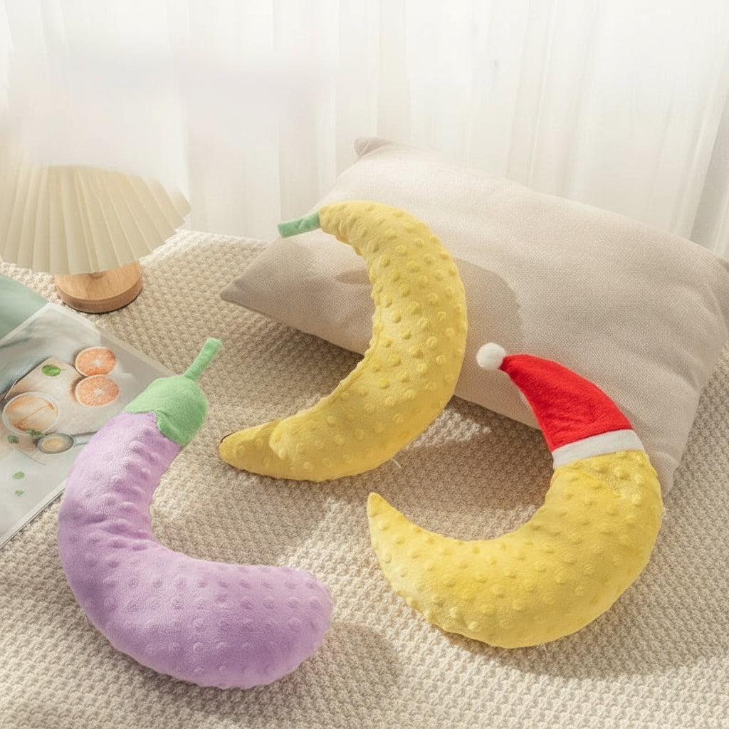 Mini Plush Pet Pillow — Banana, Moon & Eggplant Design