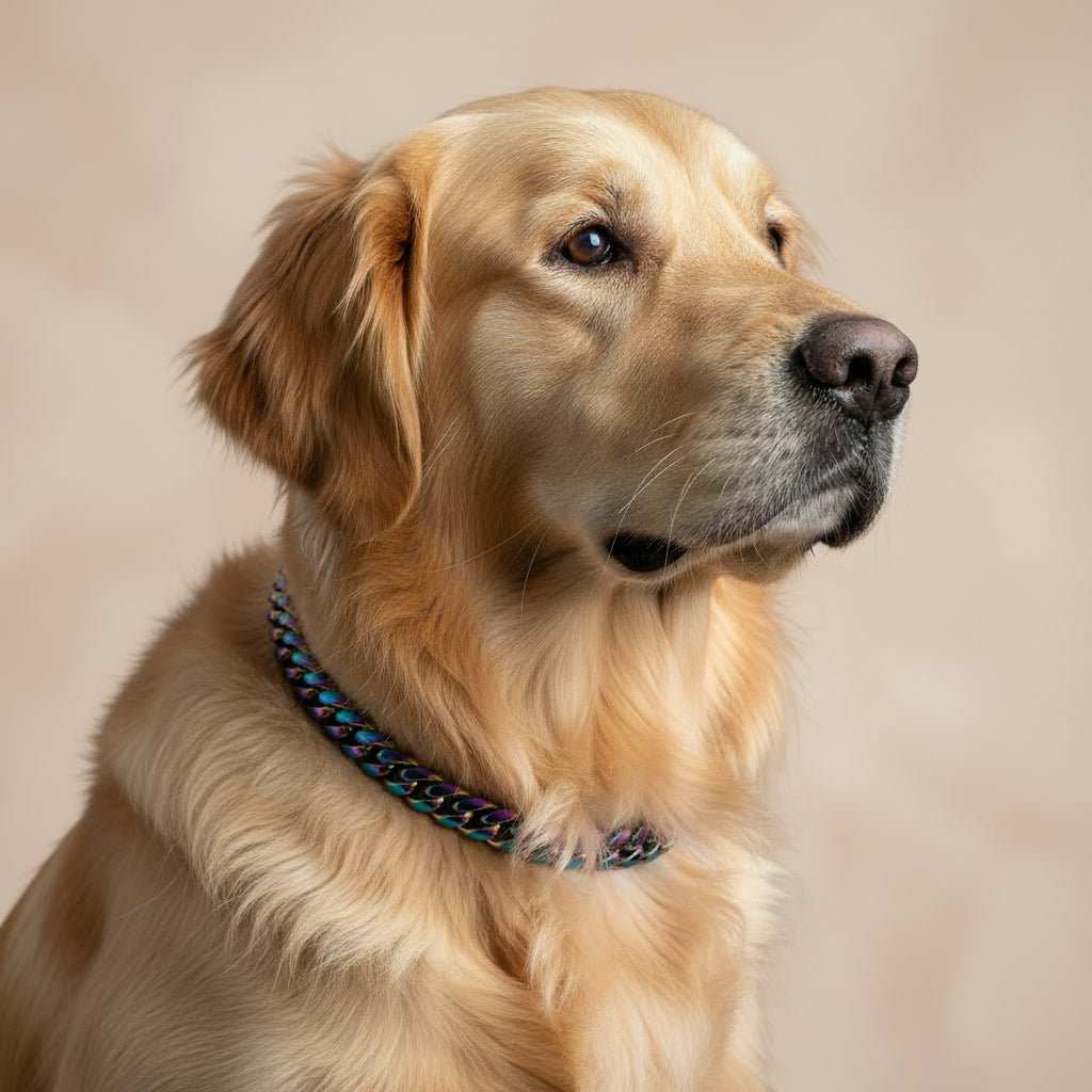 Multicolor dog collar on a medium size dog
