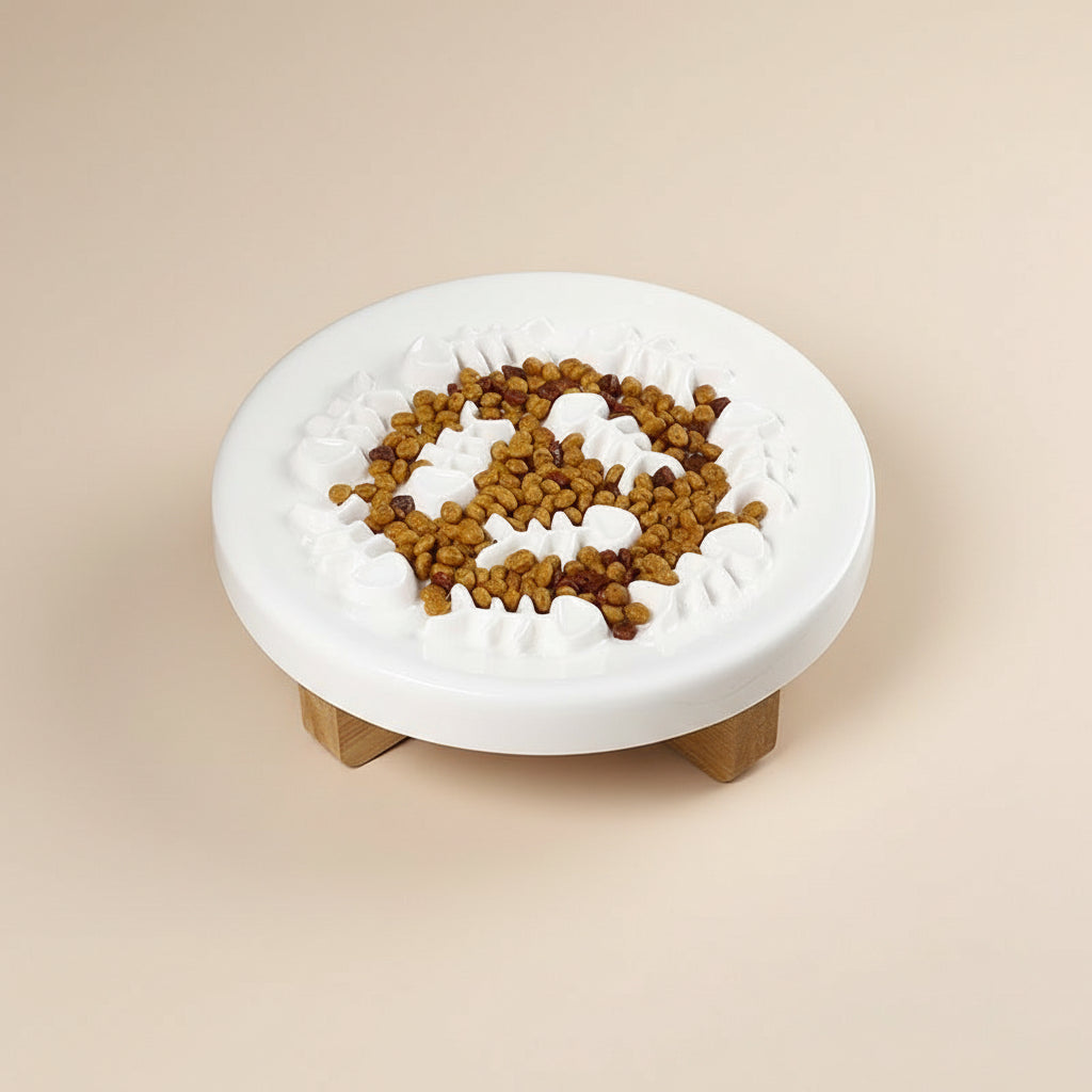 Ceramic Slow Feeder with Wooden Stand