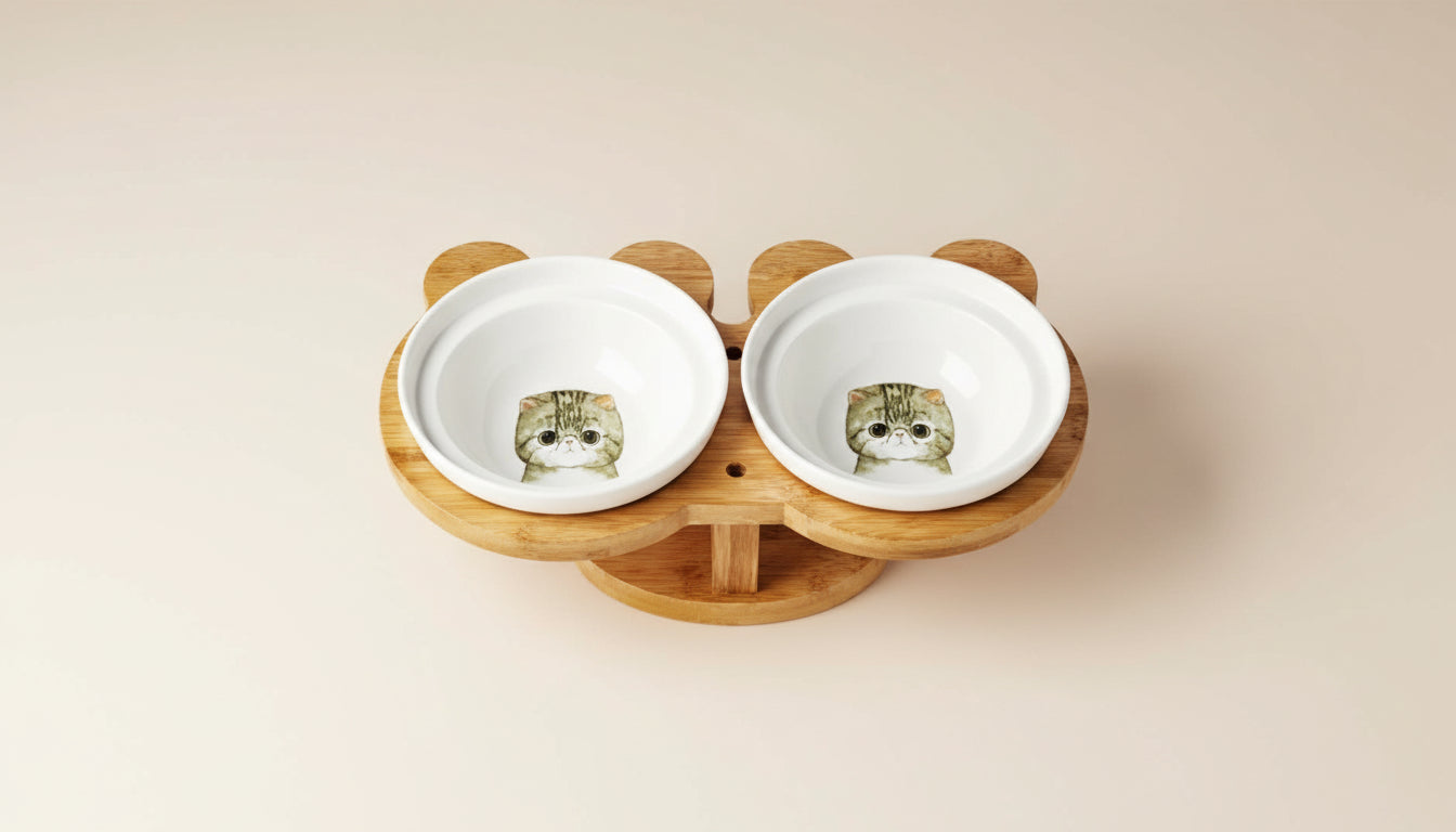 Ceramic Dual Cat Bowl with Wooden Base