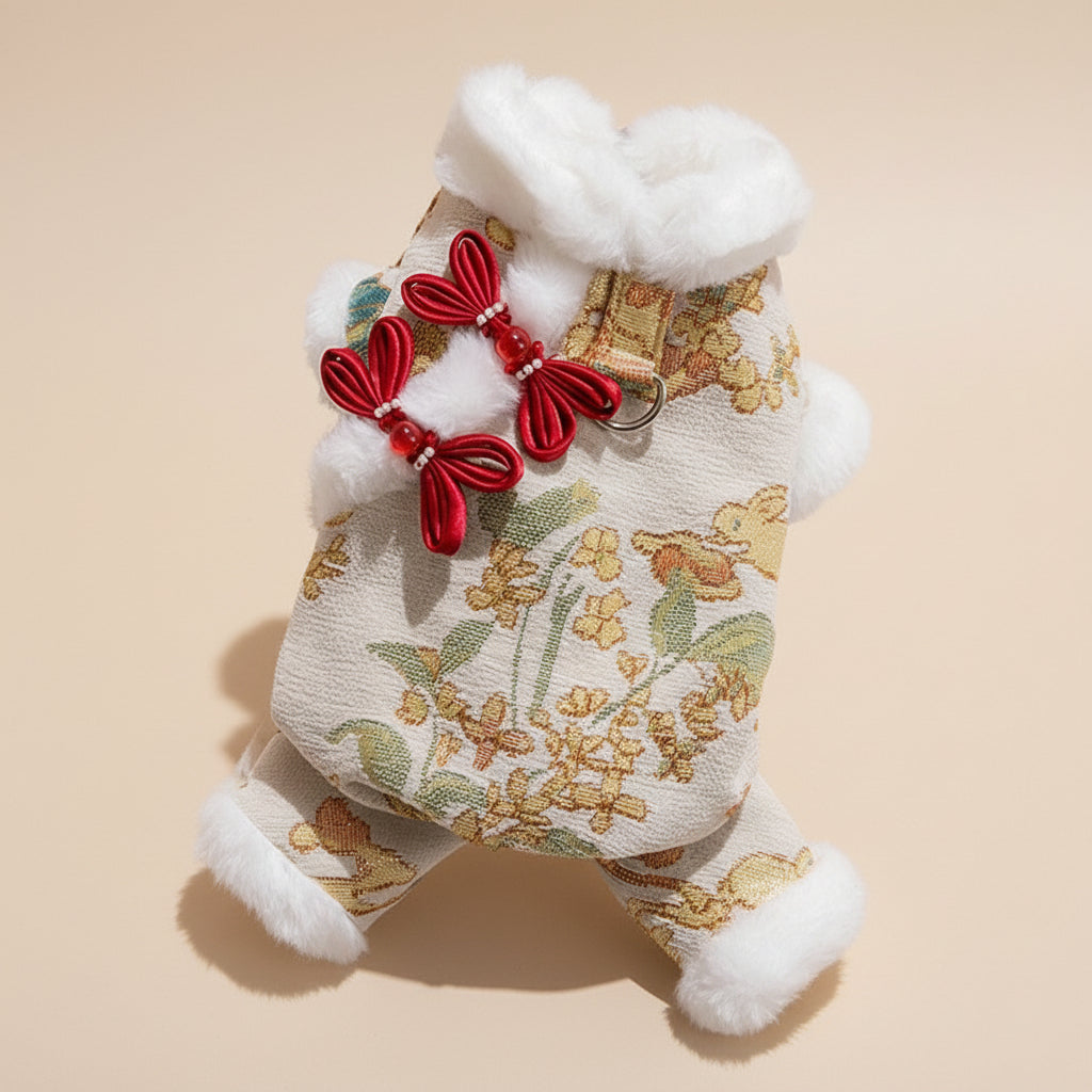 Lunar New Year Brocade Pet Jumpsuit with Faux Fur Trim