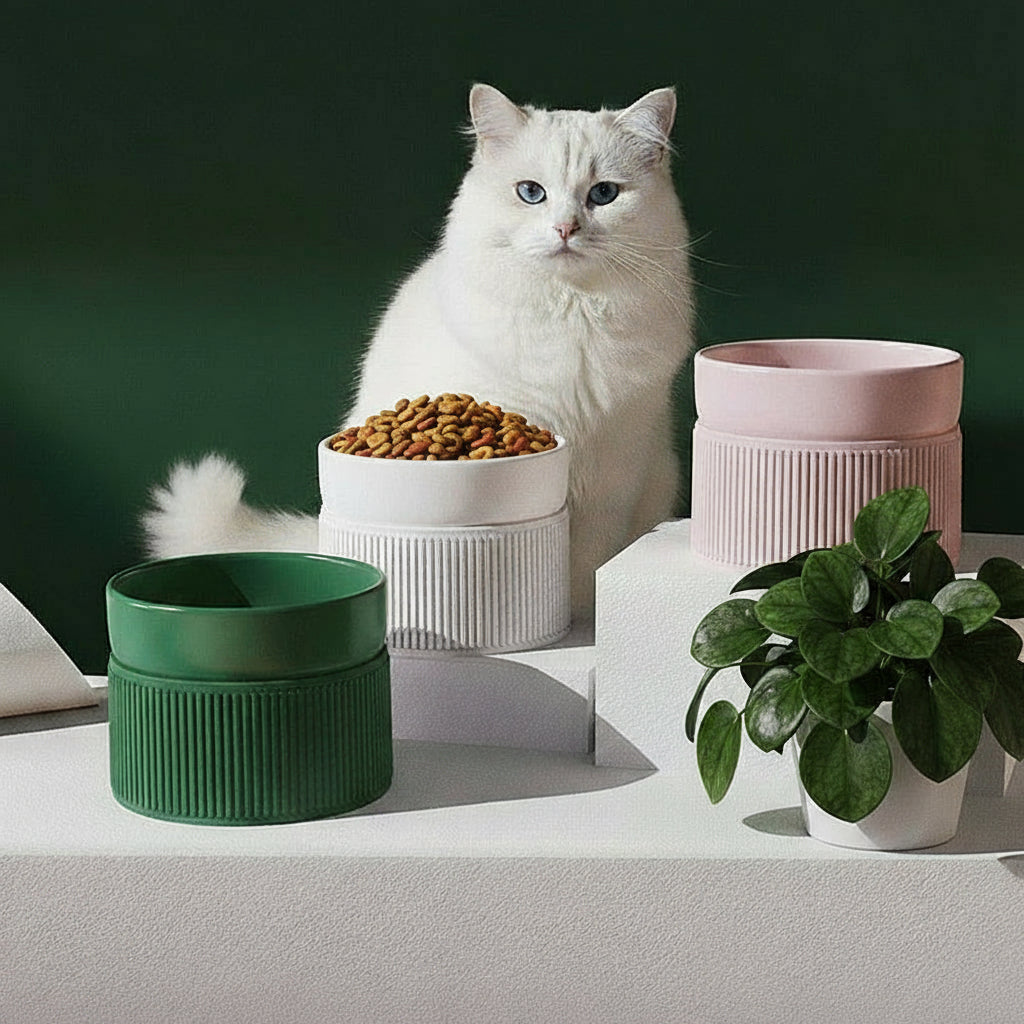 Three ceramic pots in green, white, and pink on a white platform with a dark green background