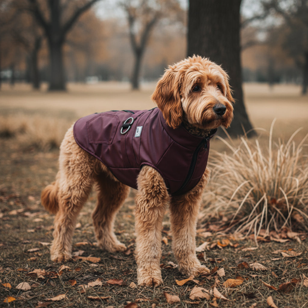 Maroon dog coat with a black zipper on a white background