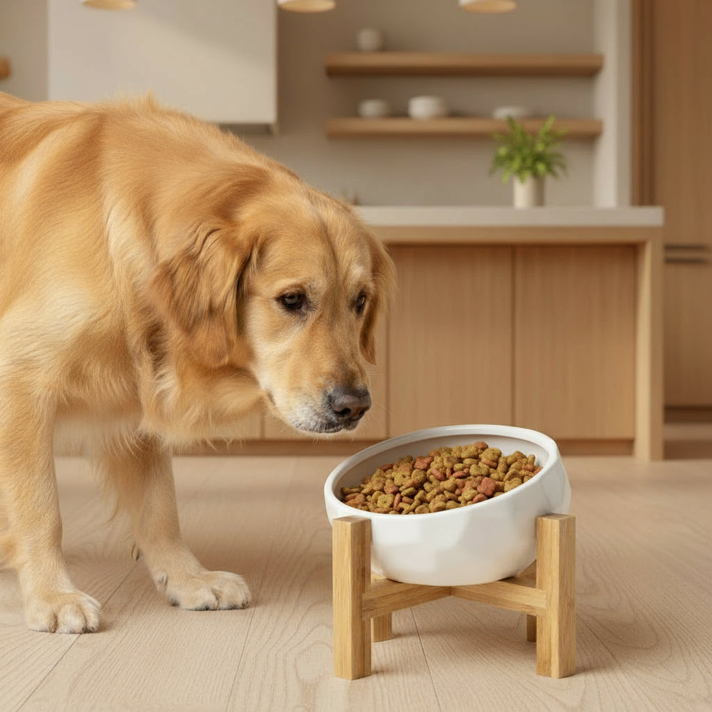 White ceramic bowl on a wooden stand against a white background