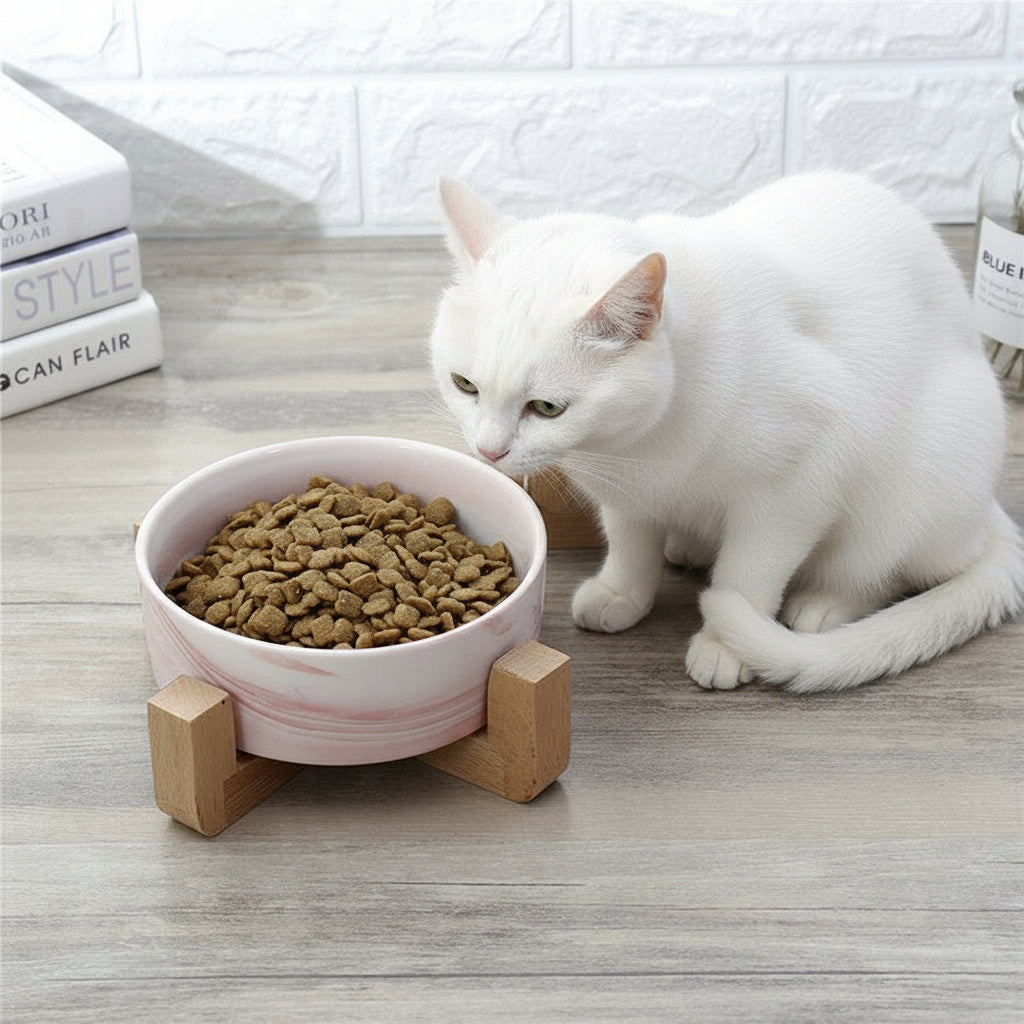 Marbled Ceramic Pet Bowl with Wooden Stand