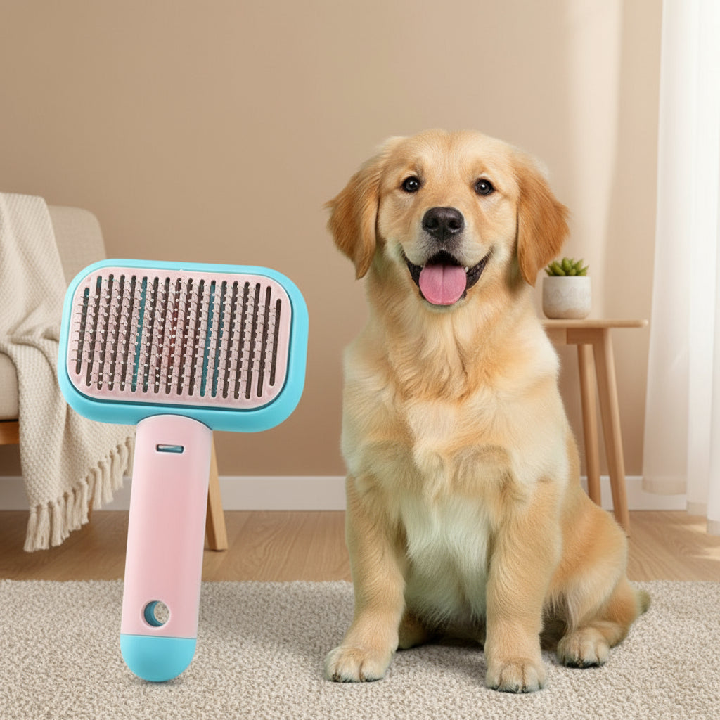Dog with a pink and blue pet grooming brush on a carpeted floor.