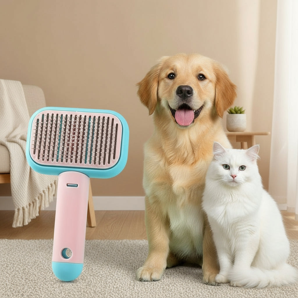 Dog with a pink and blue pet grooming brush on a carpeted floor.