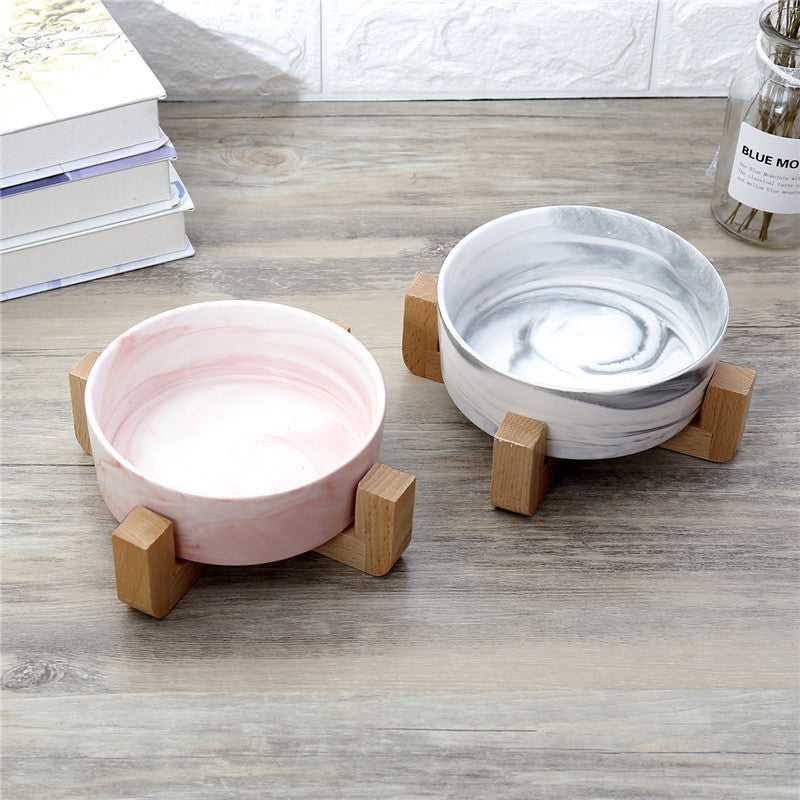 Marbled Ceramic Pet Bowl with Wooden Stand