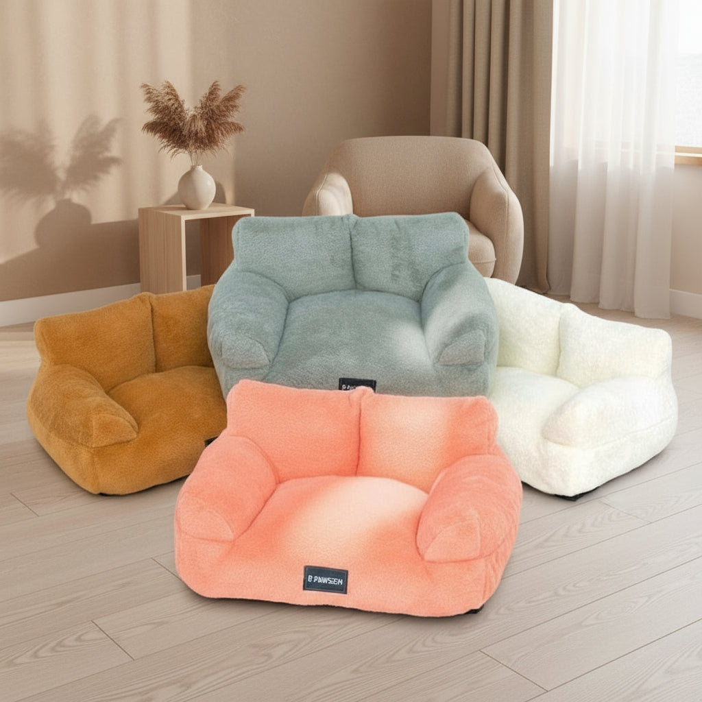 Four pet beds in different colors on a neutral background with promotional text.