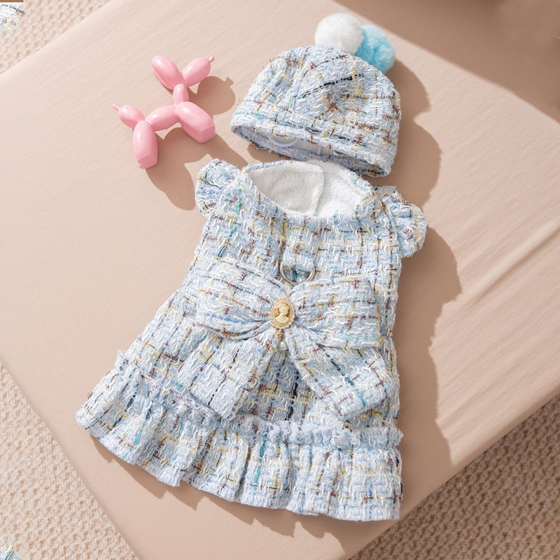 Winter Tweed Pet Dress — Warm Dog & Cat Outfit with Bow & Cap
