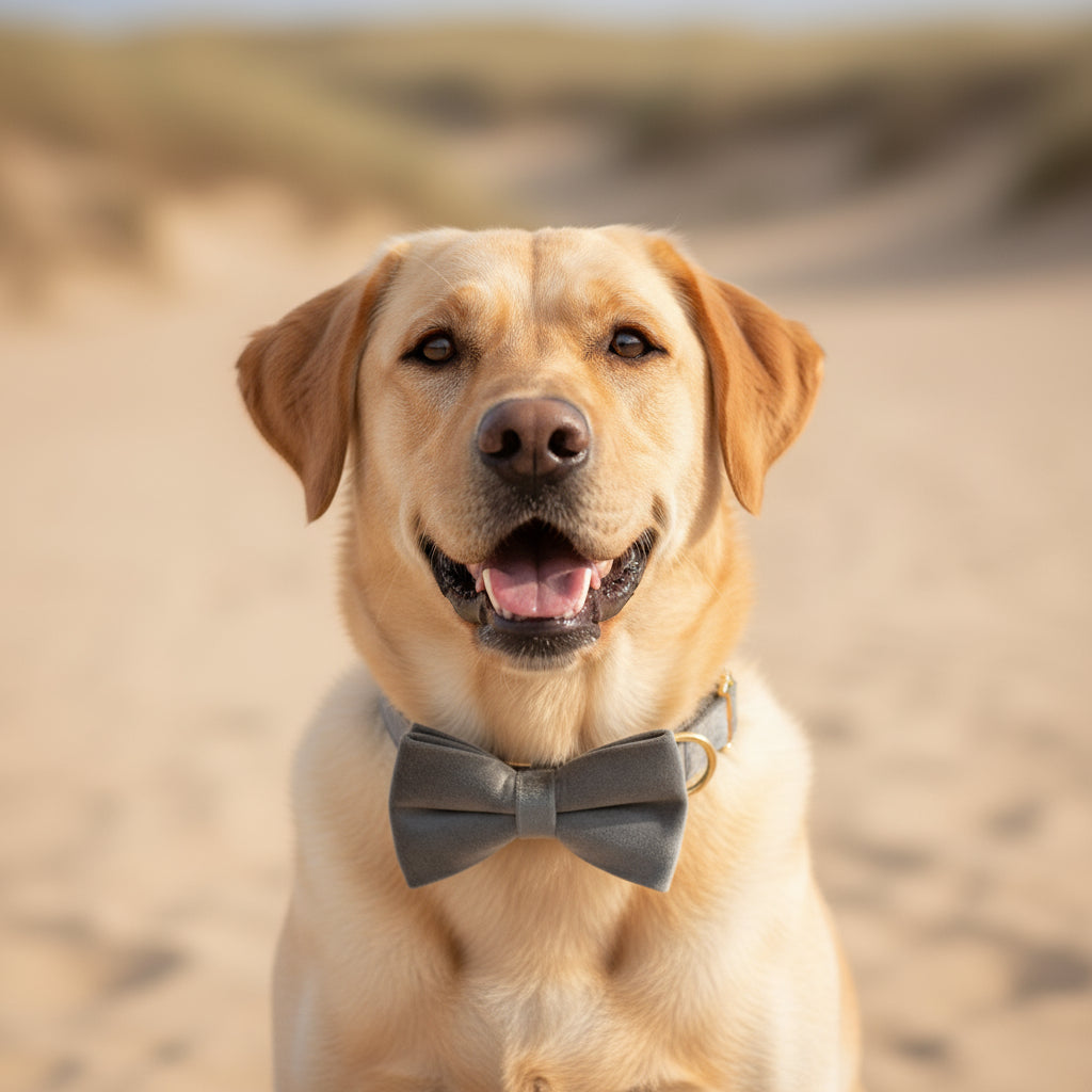 Gray bow tie on a black collar with gold hardware on a white background