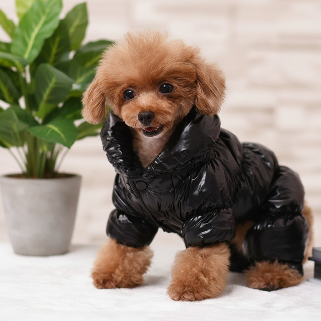Small dog wearing a black puffer coat on a light background