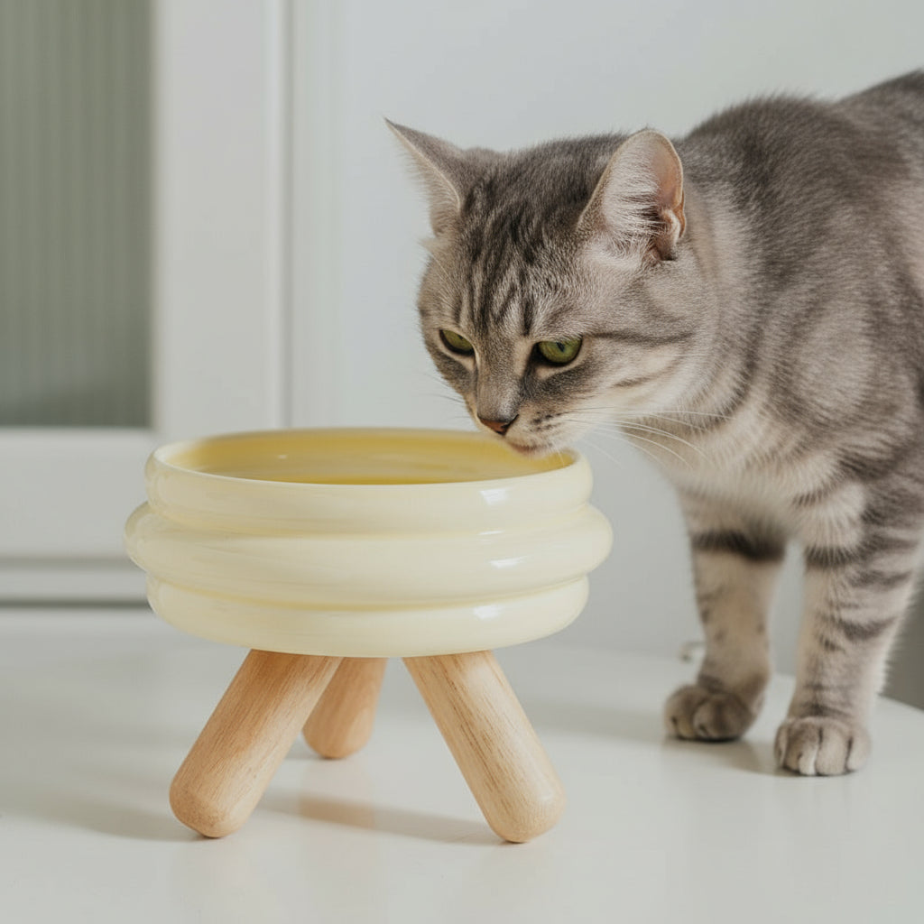 Gulu Ceramic Pet Bowl with Wooden Stand – Dual Design for Food & Water