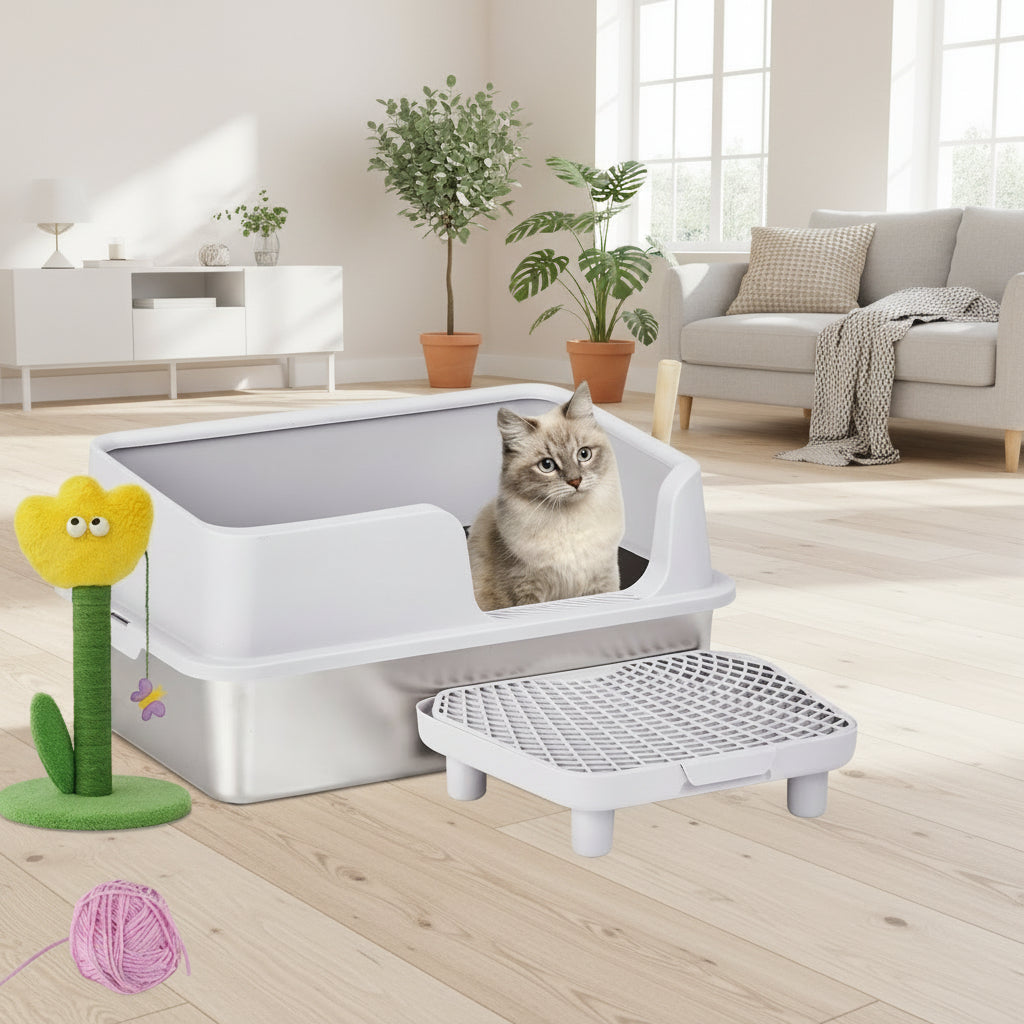 Stainless Steel Cat Litter Box with Lid & High Sides