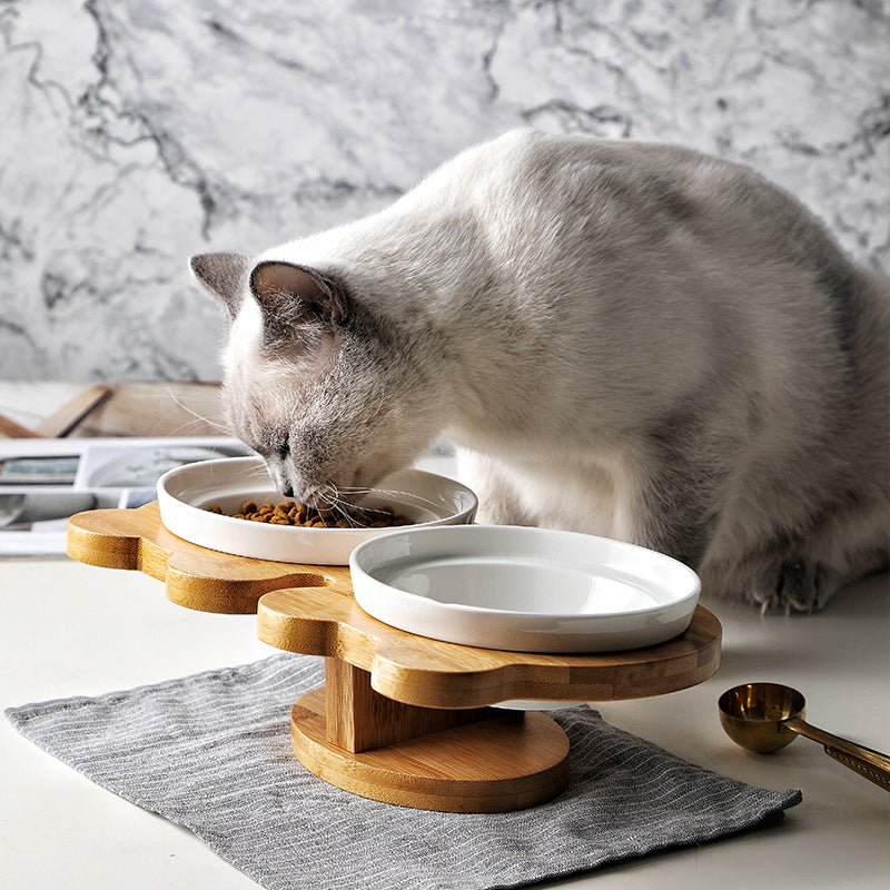 Ceramic Dual Cat Bowl with Wooden Base