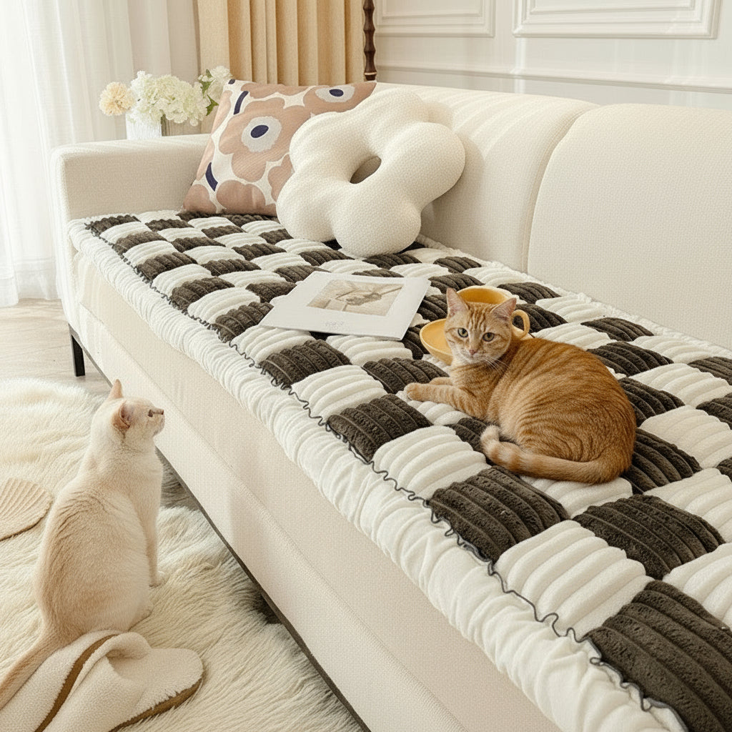 Checkered black and white blanket on a sofa with decorative pillows and a cup.