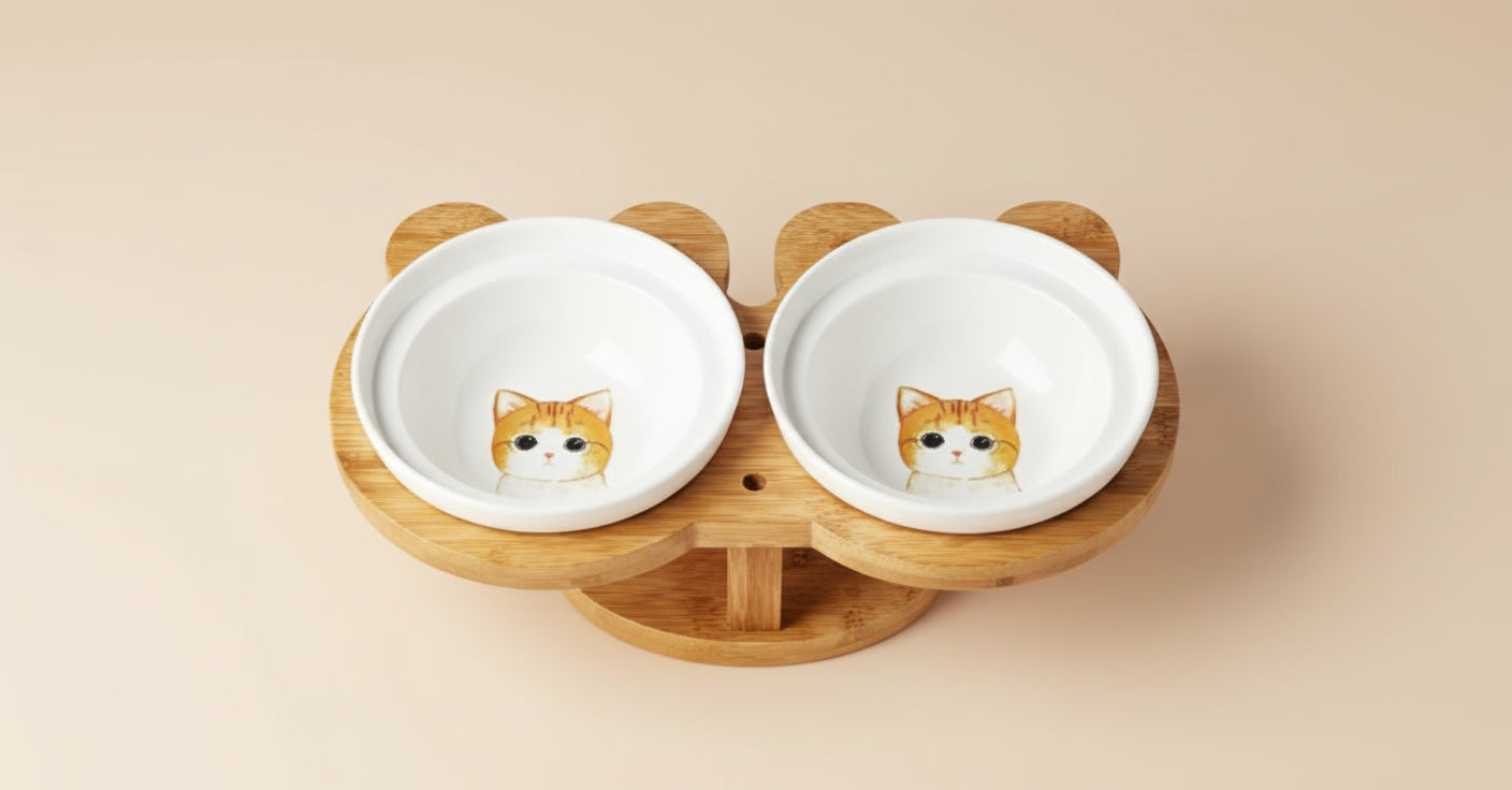Ceramic Dual Cat Bowl with Wooden Base