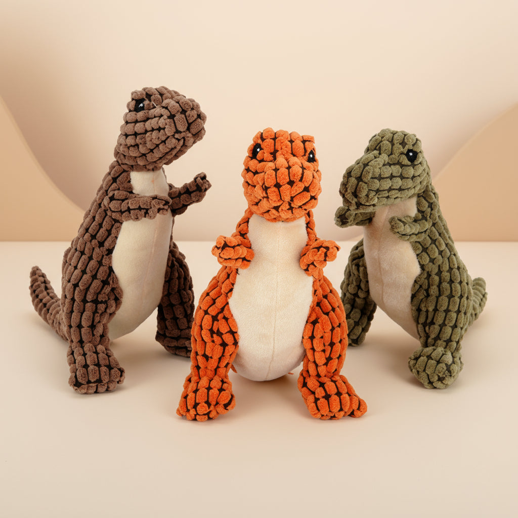 Three dinosaur-shaped dog toys in brown, orange, and green on a white background