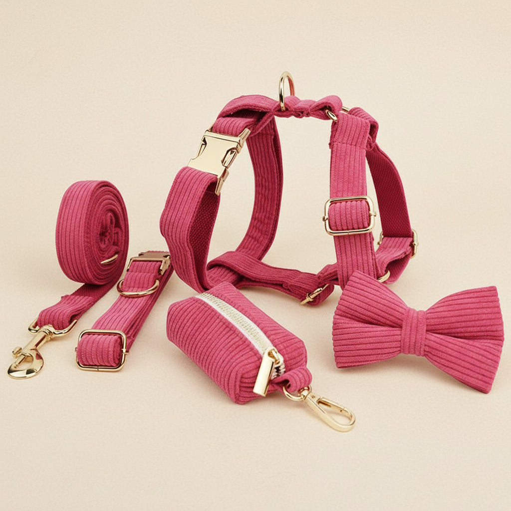 Pink dog harness, leash, and bow tie set with gold hardware on a white background