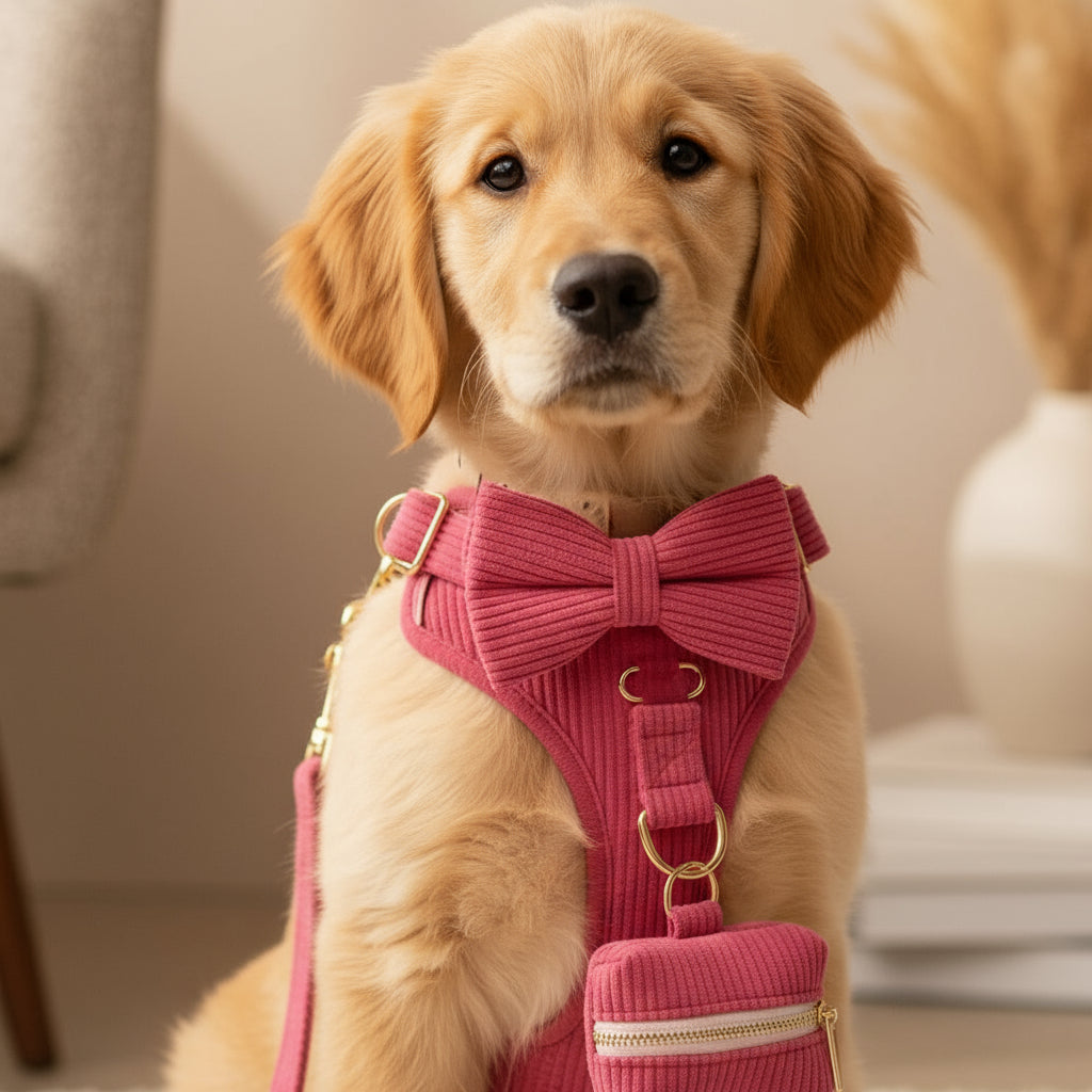 Dog wearing a pink harness and leash in a living room setting