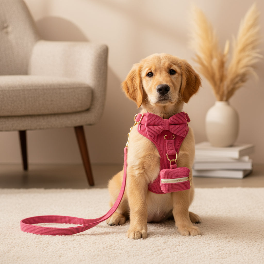 Pink dog harness, leash, and bow tie set with gold hardware on a white background