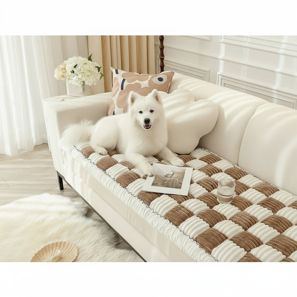 White dog lying on a textured sofa with a checkered pattern in a cozy living room.