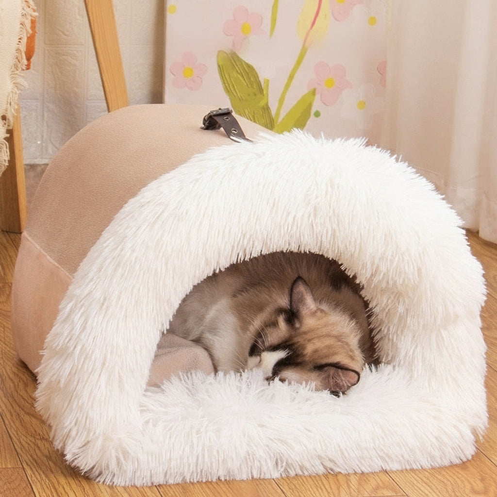Fluffy pet bed with a cat inside, text 'Fluffy nest, warm and sweet dreams' on a floral background.