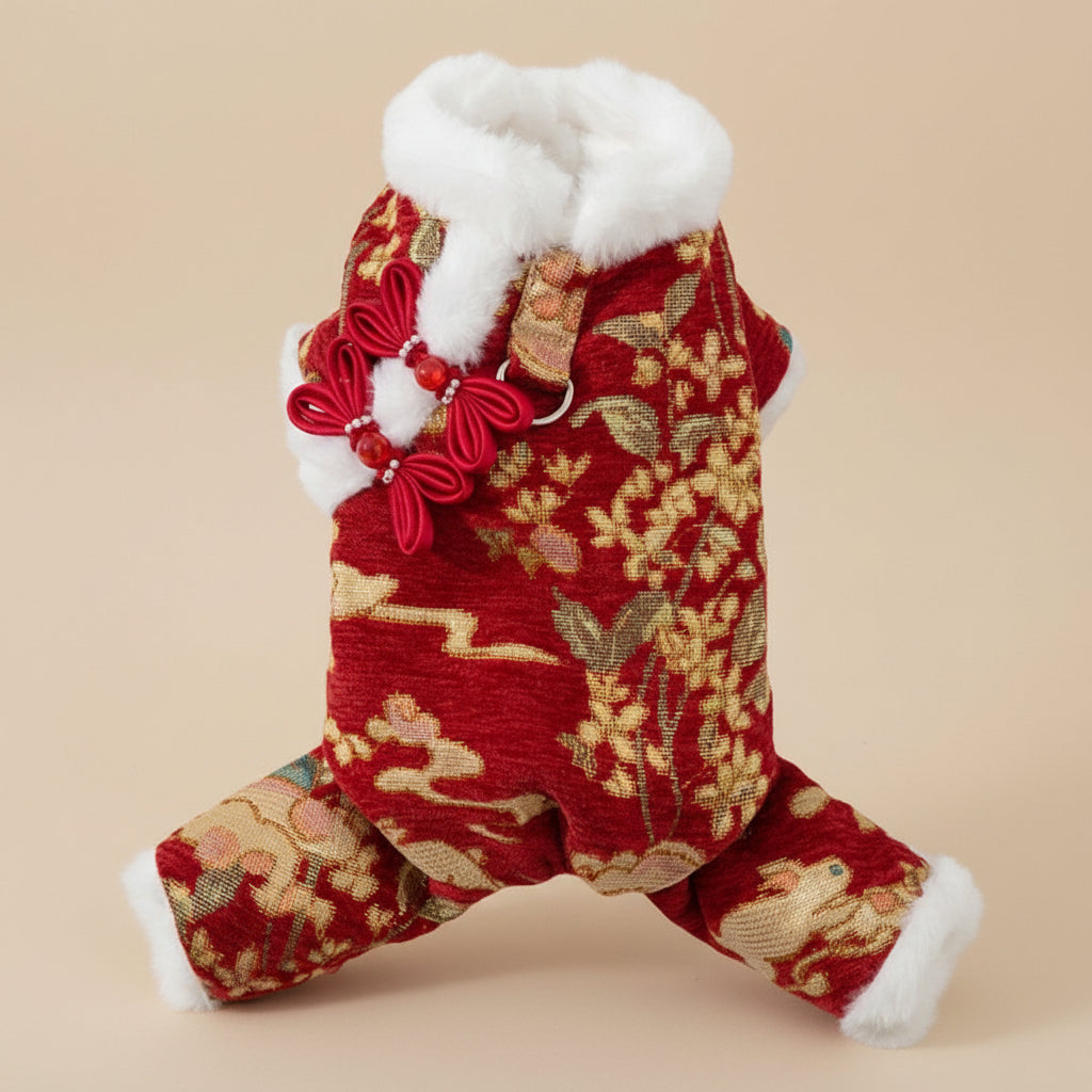 Lunar New Year Brocade Pet Jumpsuit with Faux Fur Trim