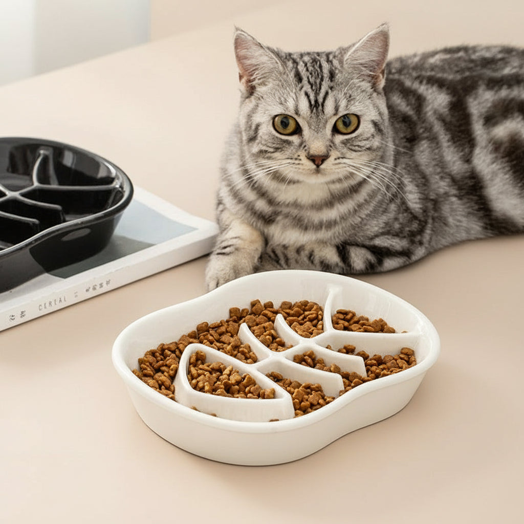 Ceramic Slow Feed Bowl for Cats & Small Dogs