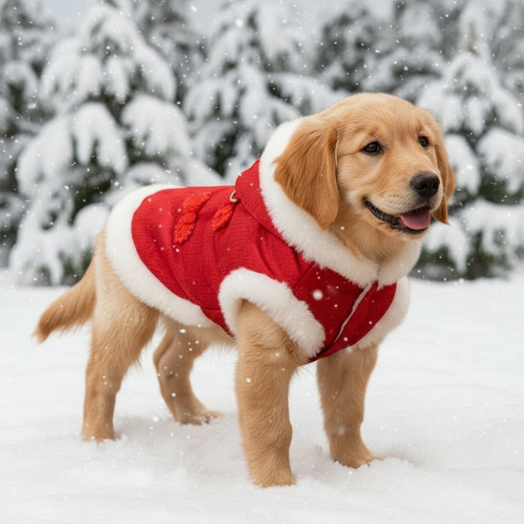Chinese New Year Dog Coat with Plush Trim — Red Festive Winter Wear